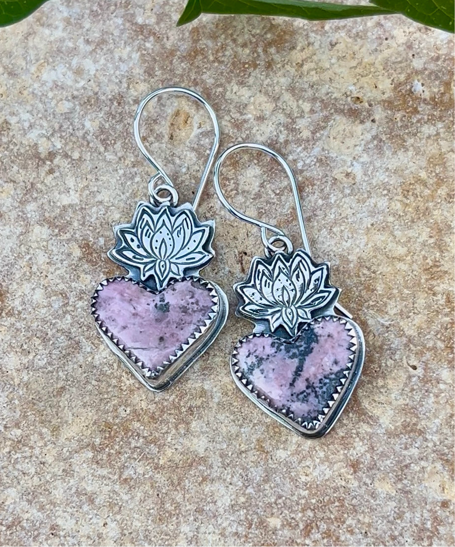 Peaceful Hearts - Rhodonite & Sterling Silver Earrings