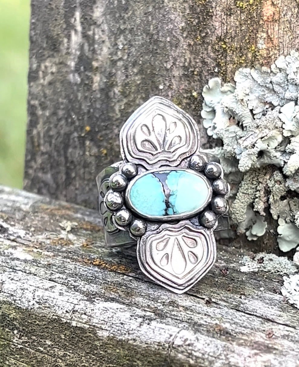 Turquoise & Sterling Ornate Ring, size 9
