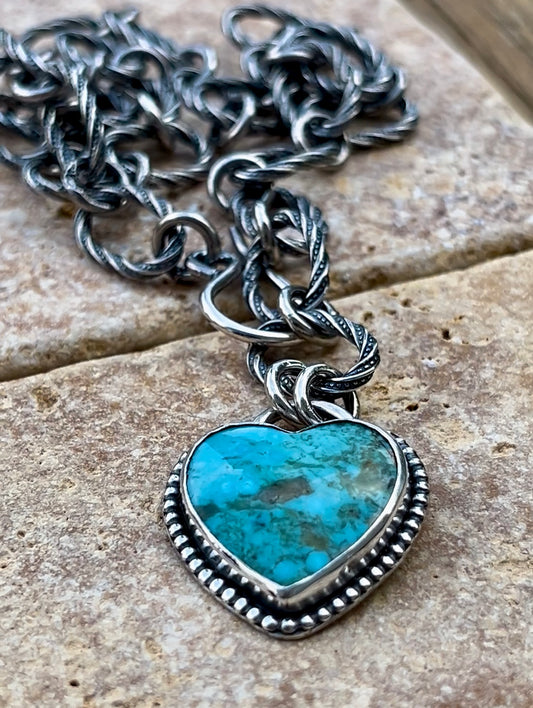 Chunky Heart - Kingman Turquoise & Sterling Silver Necklace