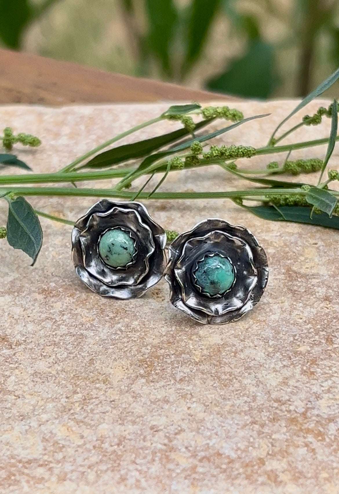 Ruffled - Turquoise and Sterling Silver Post Earrings