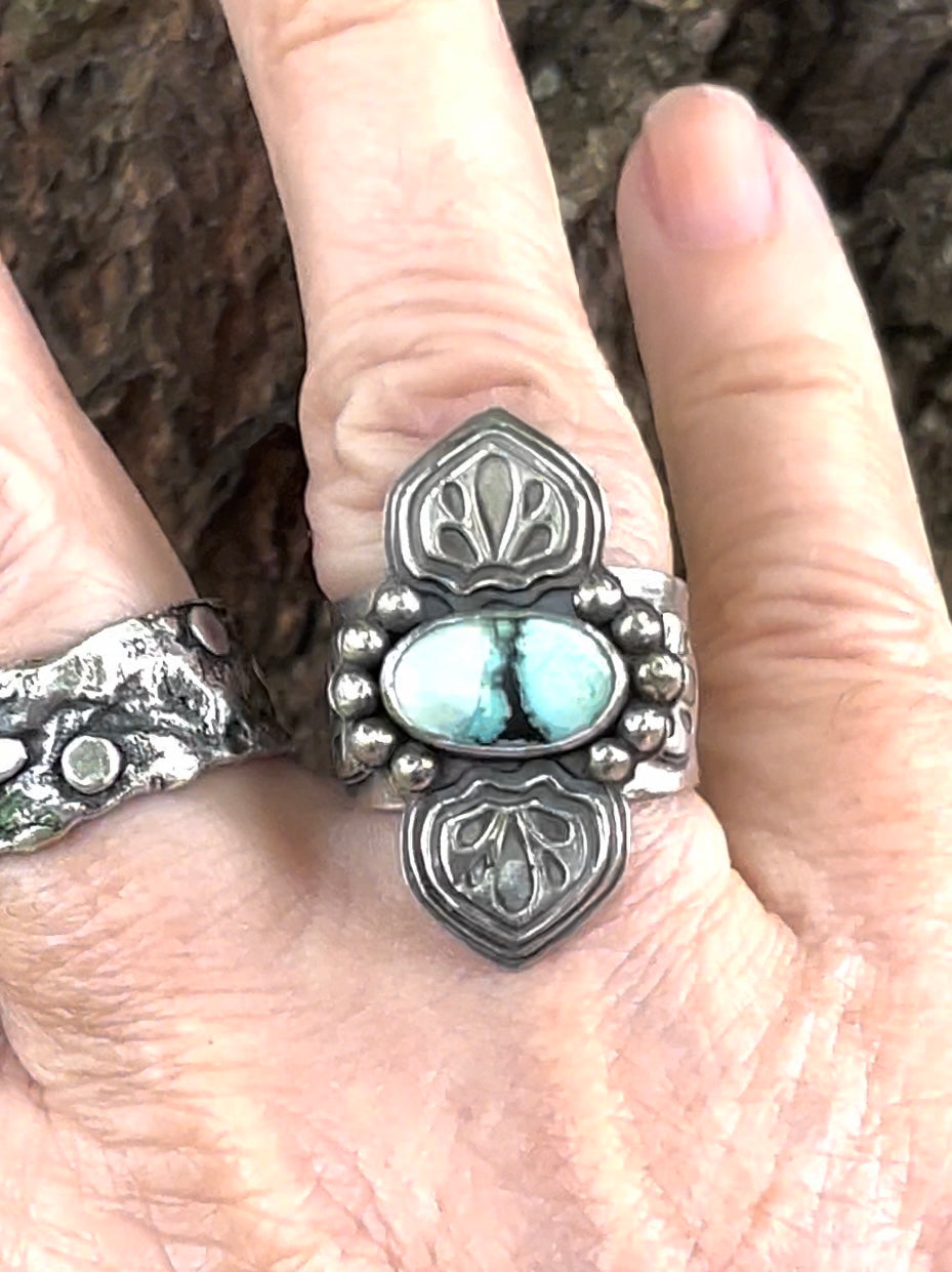 Turquoise & Sterling Ornate Ring, size 9
