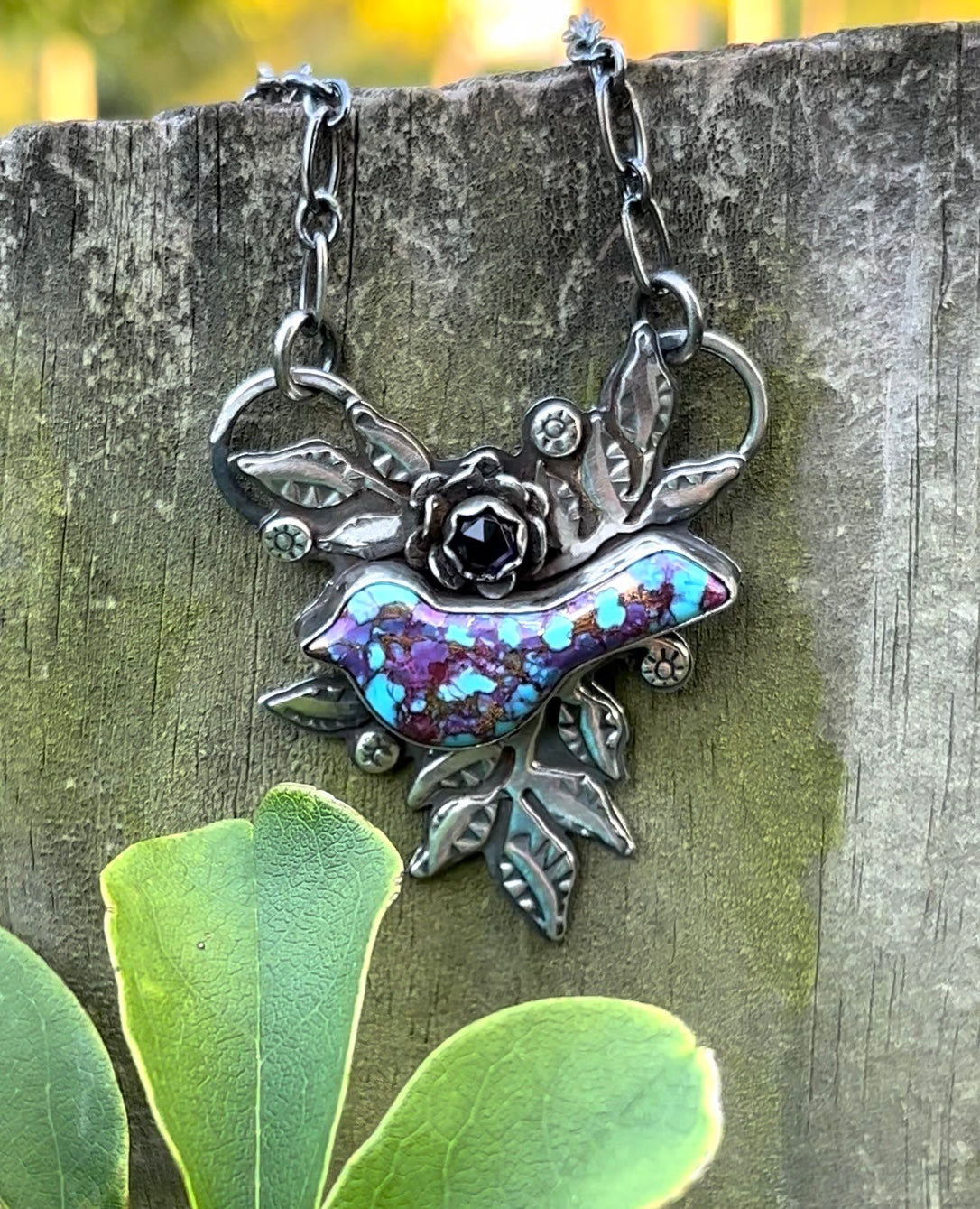 Moody Bird - Kingman/Mohave Turquoise, Amethyst & Sterling Silver Necklace