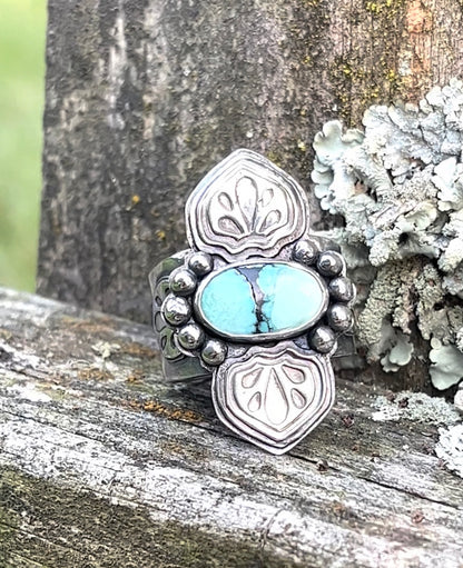 Turquoise & Sterling Ornate Ring, size 9