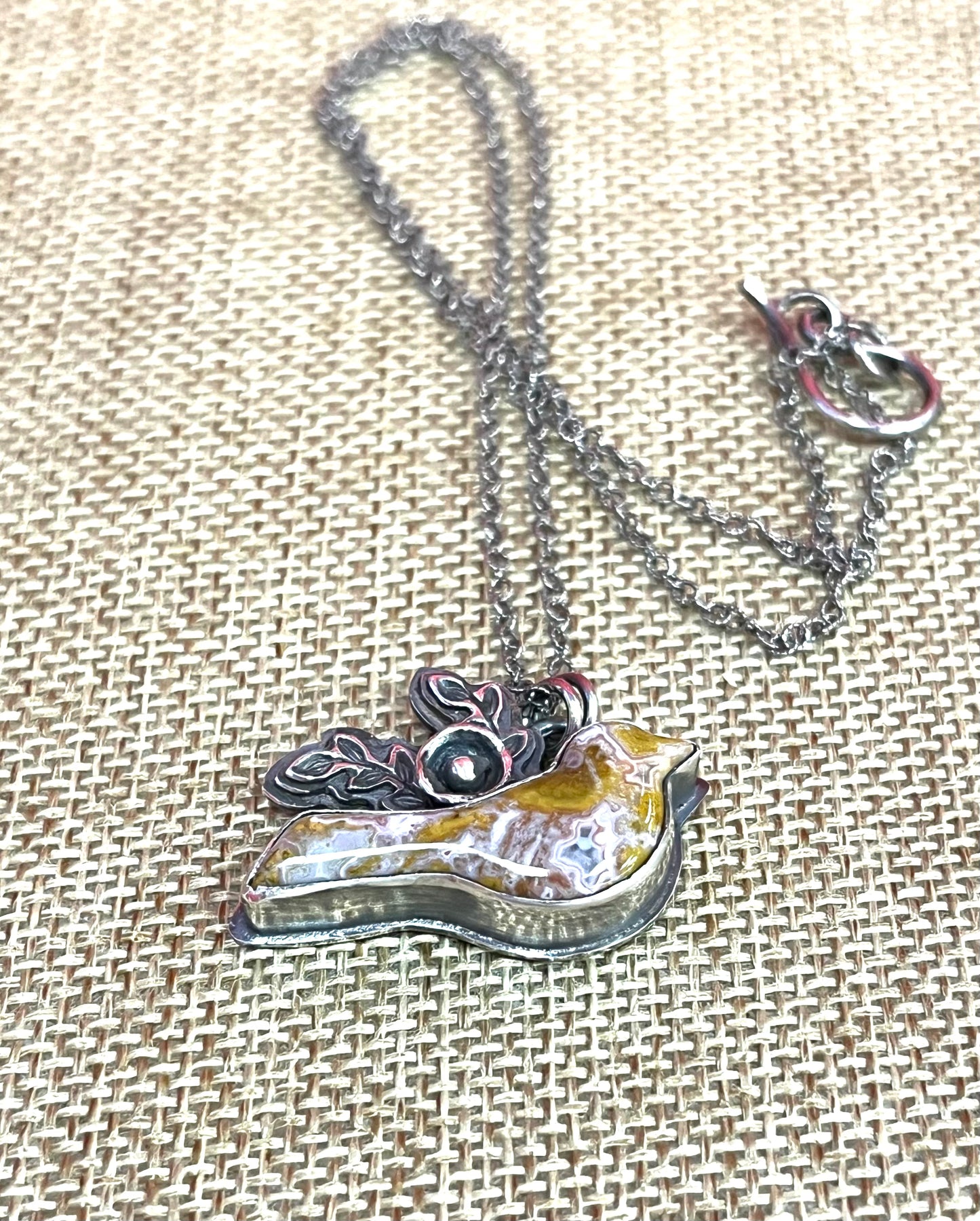 Sweet Bird 3 - Pink Lace Agate and Sterling Necklace