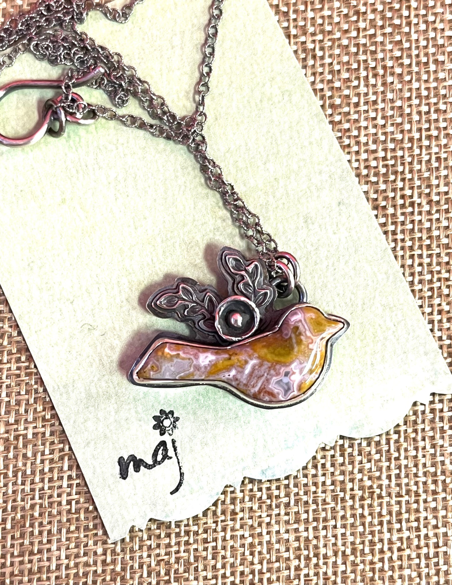 Sweet Bird 3 - Pink Lace Agate and Sterling Necklace