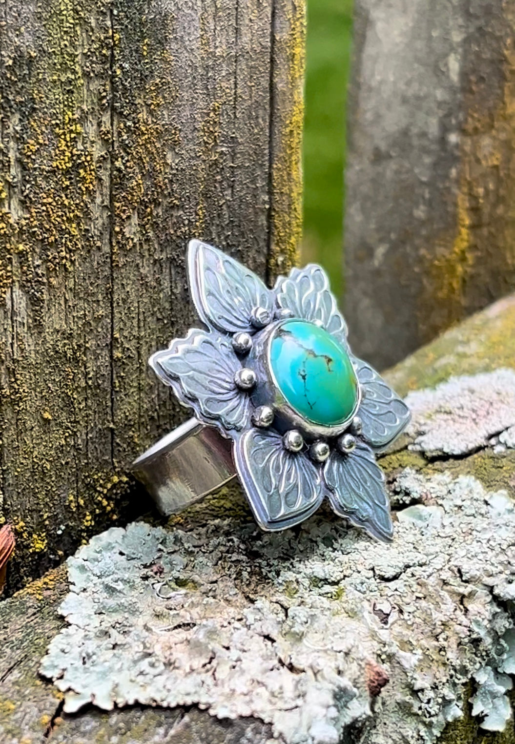 Big Blossom - Turquoise & Sterling Silver RIng, size 10