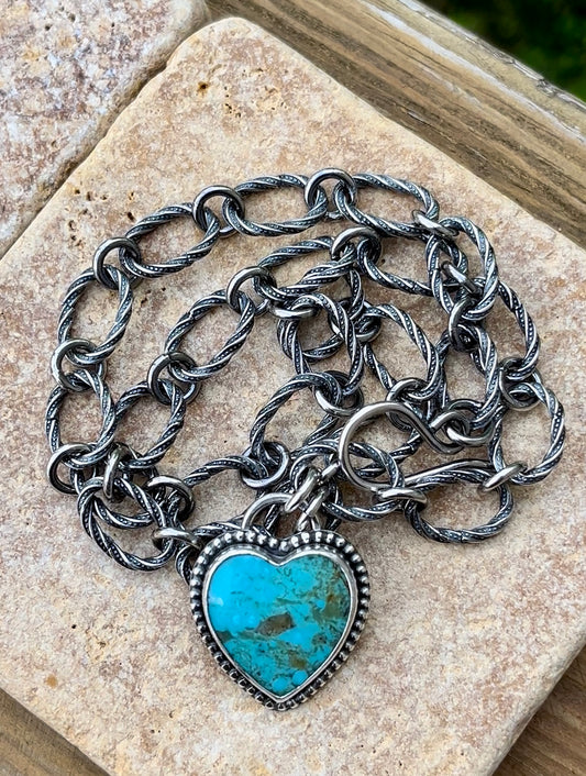 Chunky Heart - Kingman Turquoise & Sterling Silver Necklace
