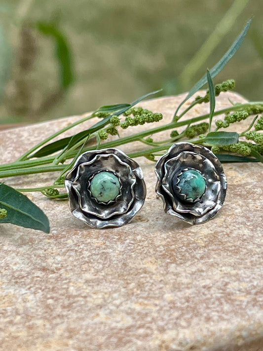 Ruffled - Turquoise and Sterling Silver Post Earrings