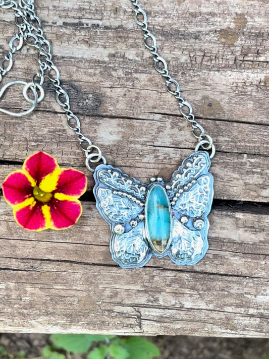 Broken Wings - Sterling Silver and Variscite Butterfly Necklace