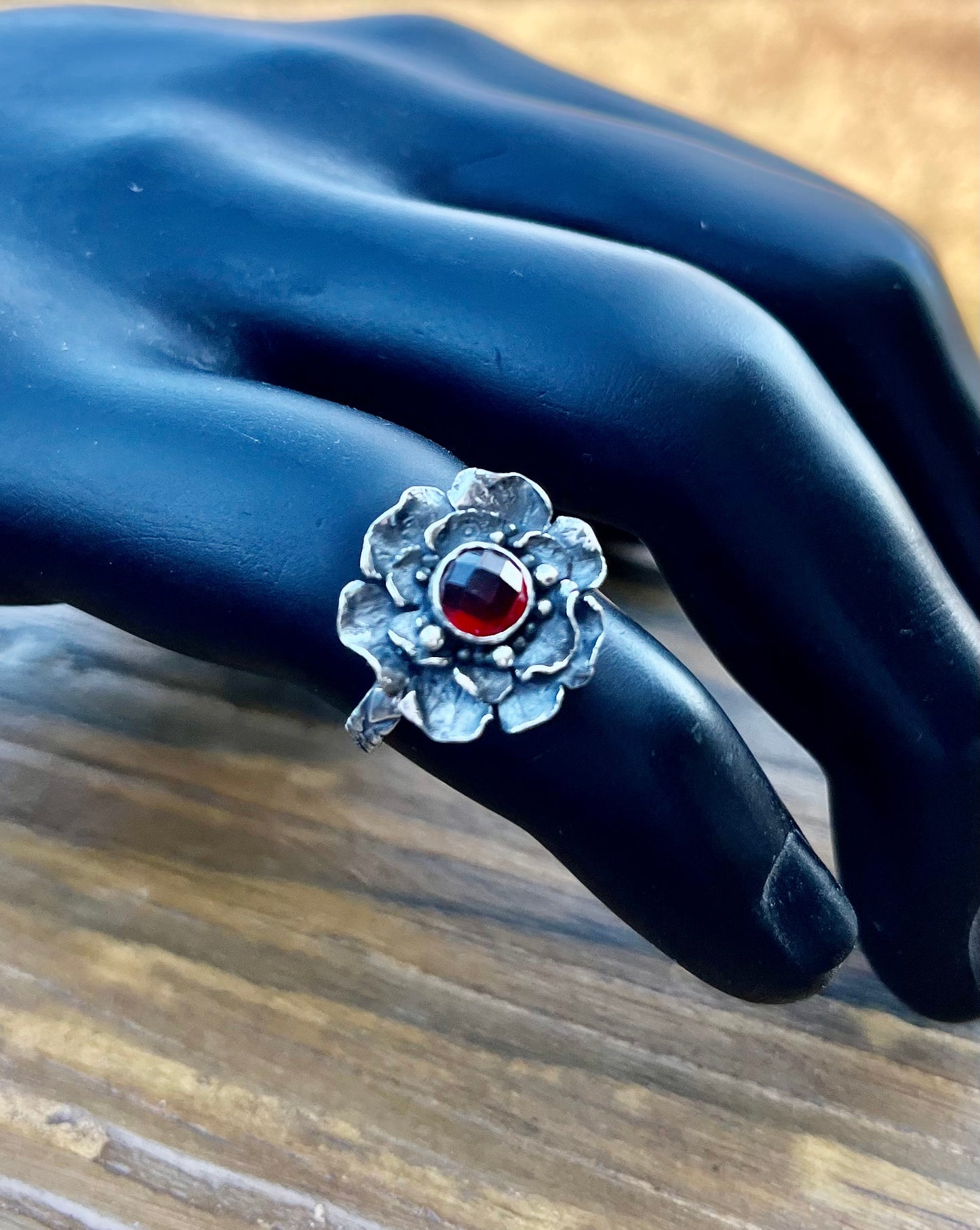 Rose Cut Garnet & Sterling Silver Flower Ring