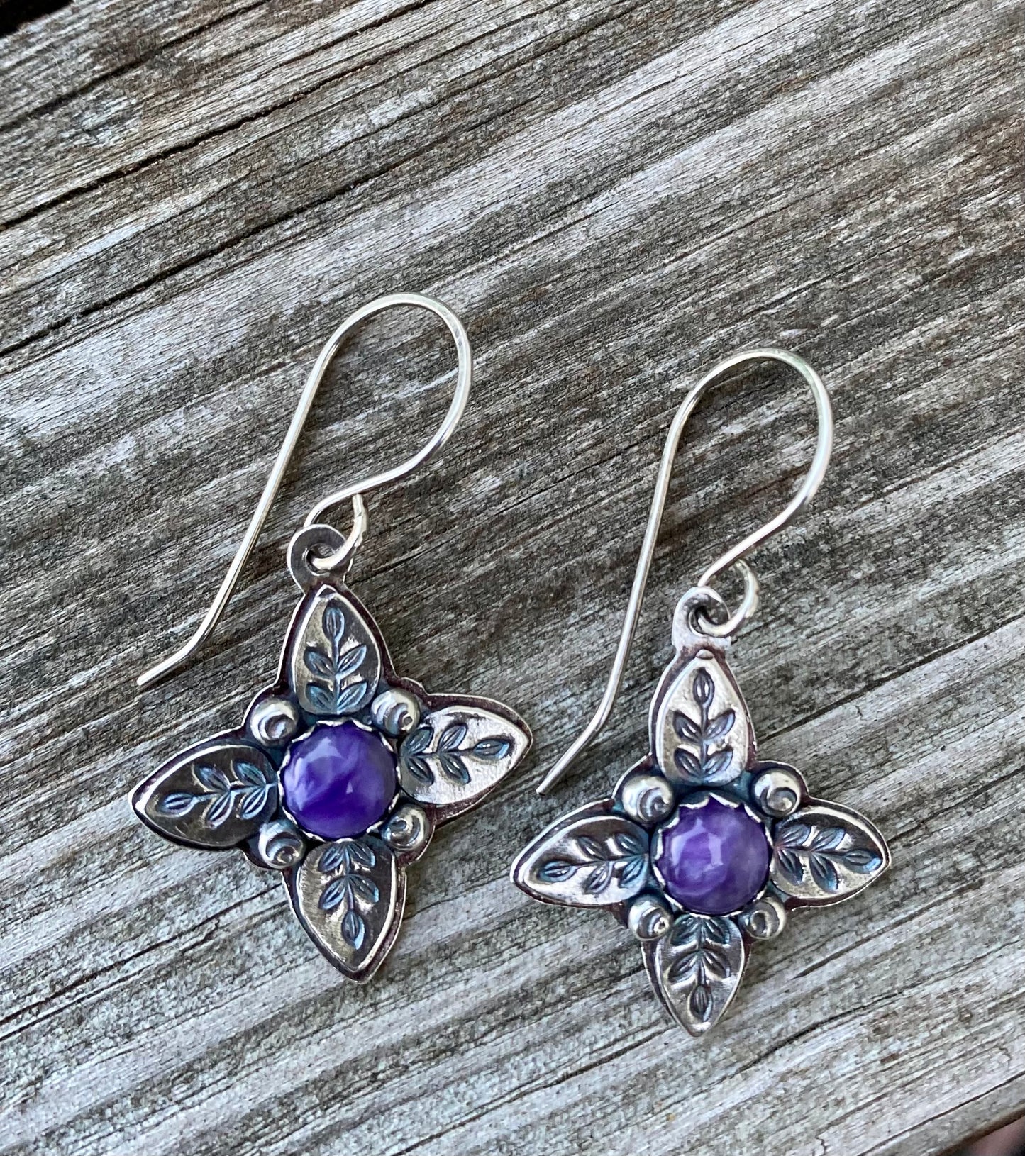 Leafy Cross with Purple Charoite - Sterling Silver & Gemstone Earrings