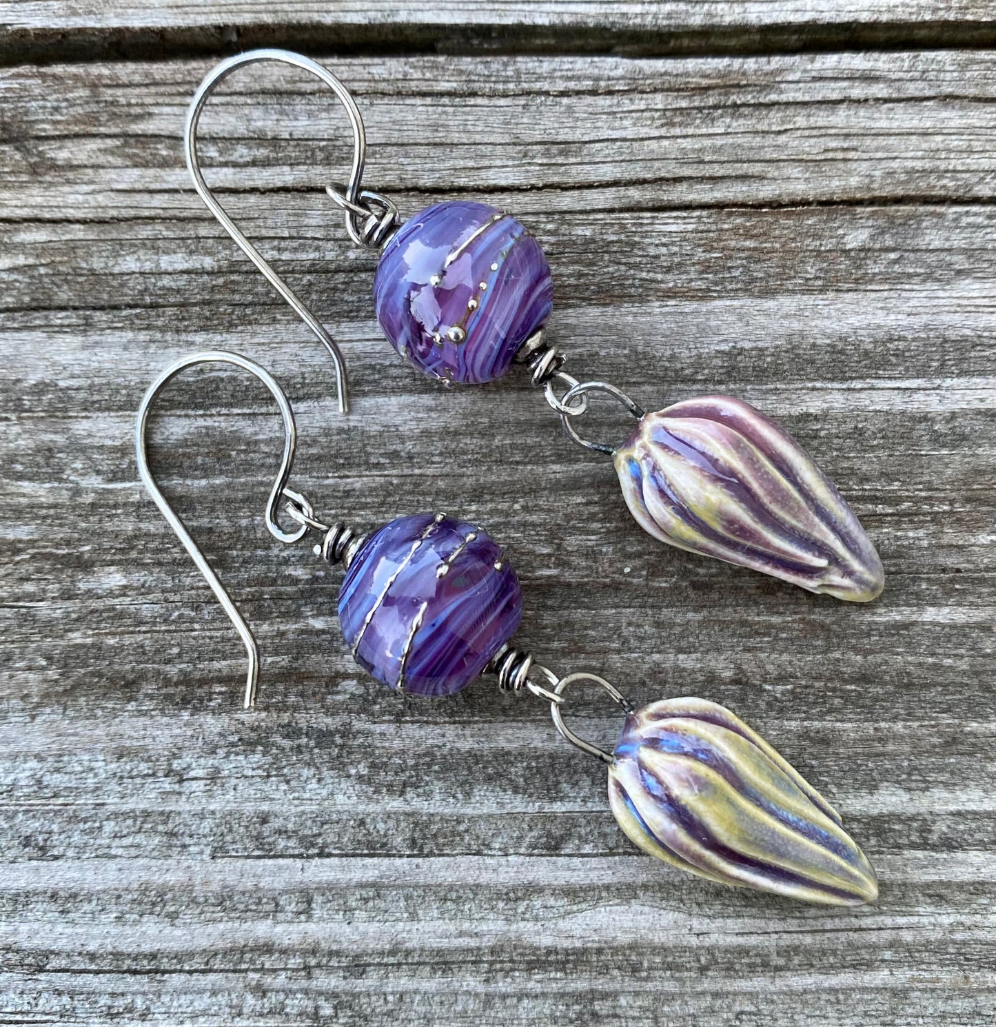 Purple and Sage - Artisan Glass, Porcelain and Sterling Silver Earrings