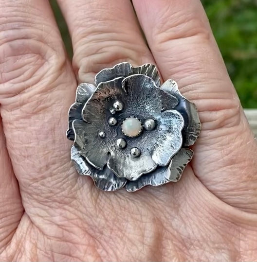 Sterling Silver and Opal Flower Ring