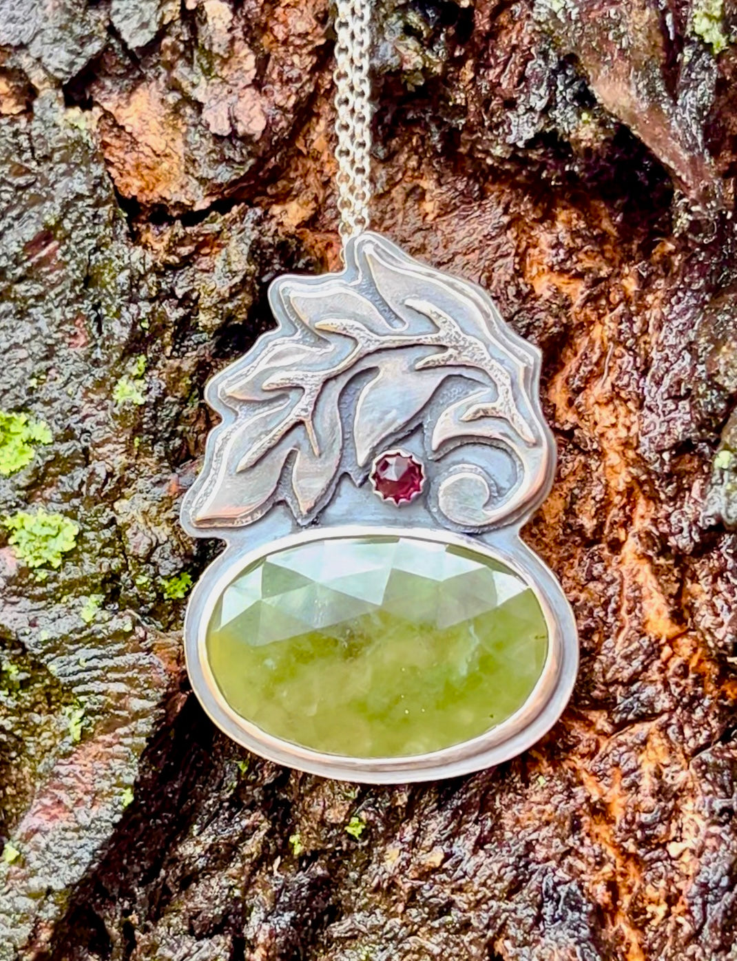 Green Garden - Sapphire, Garnet & Sterling Silver Pendant