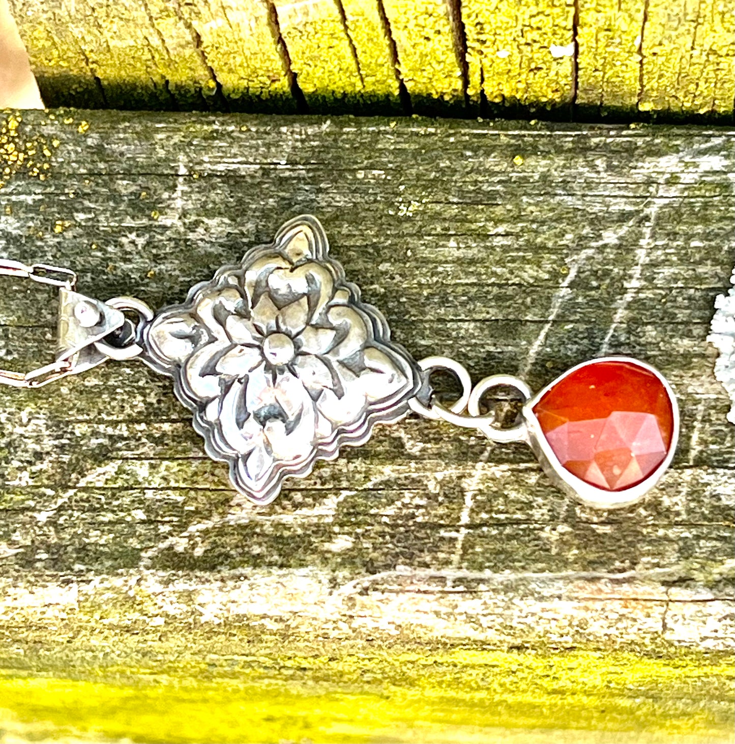 Embossed Deco Sterling Silver & Carnelian Necklace