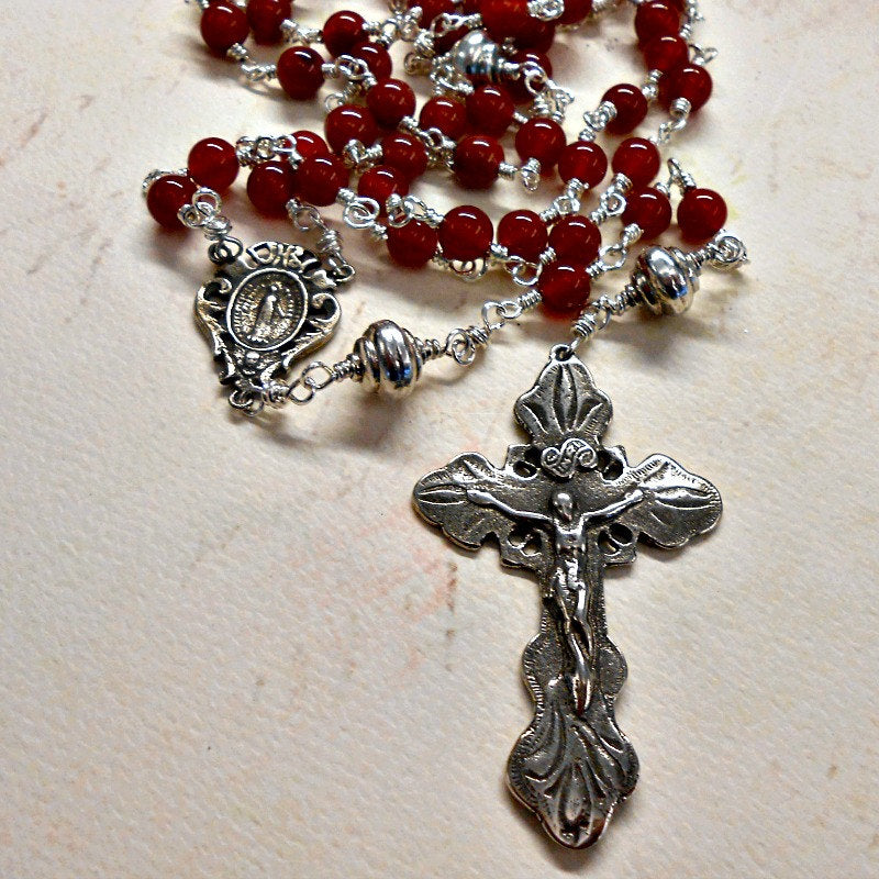 Carnelian, Sterling Silver, Wire-Wrapped Rosary