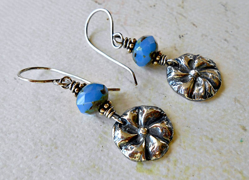 Corn Flowers - Fine Silver and Czech Glass Earrings