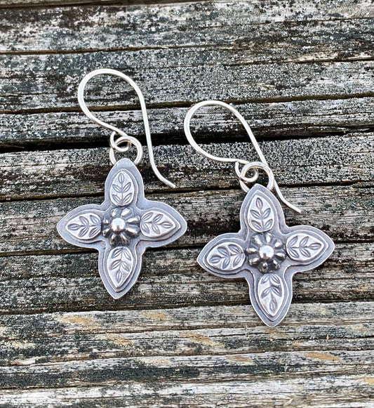 Leafy Cross - Sterling Silver Earrings