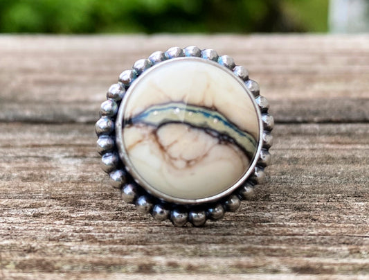 Artisan Lampwork and Sterling Ring. Silvered Ivory Artisan Glass Cabochon.  Ring Size 7.